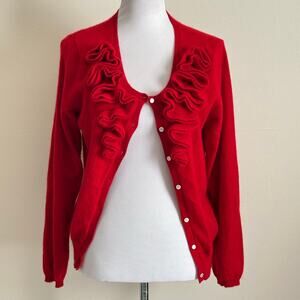 Red Moon 100% Cashmere Ruffle Knit Red Cardigan Sz L
